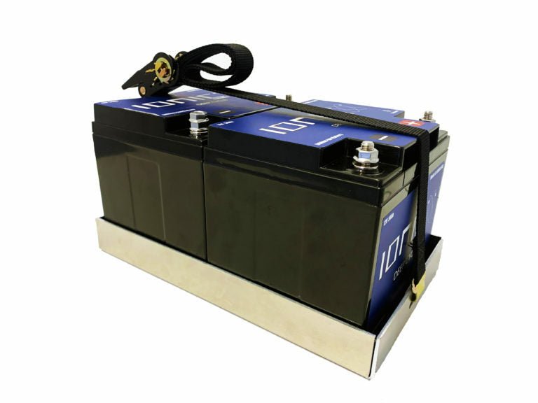 Custom built battery trays for Ionic Lithium Batteries.

These trays are custom built with rubber pads, mounting screws and battery strap.

7 sizes available:

12V 50Ah – 1 battery, 2 battery, and 3 battery tray

12V 100Ah/125Ah – 1 battery, 2 battery, and 3 battery tray

36V 50Ah – 1 battery 36v50Ah tray

24V 50Ah Battery – fits the 12V 100Ah/125Ah 1 battery tray