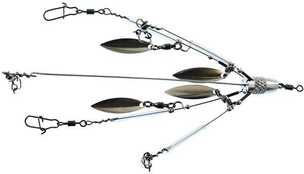 The Shane's Baits "Domin8tor" is the ultimate heavier wire 5-arm bladed umbrella rig with a total of eight silver willow leaf blades! The blades are perfectly spaced out on the arms so as not to interfere with the performance of the rig and it features Shane's Baits patent pending bullet style head that allows the fisherman to quickly change or replace the arms! Five Arms. One rig per tube